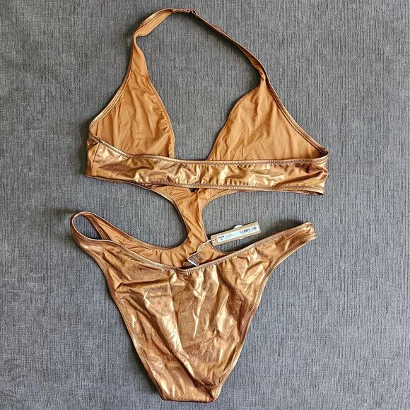 NWT Skims Women's Metallic Gold Penny Swim Halter Monokini Swimsuit Size 2X - Picture 1 of 6